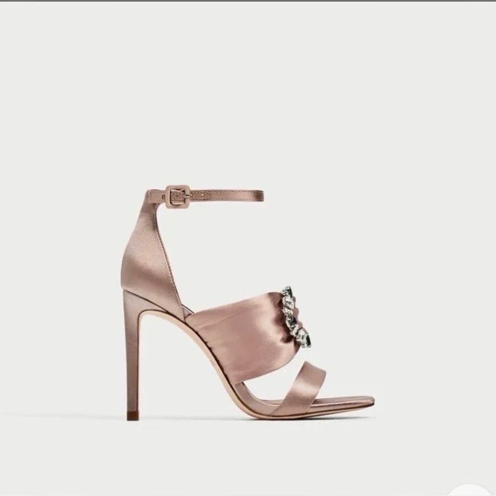 Zara Chunky Crystal Embellished Satin Heels Sandals Size 41 - Picture 4 of 14
